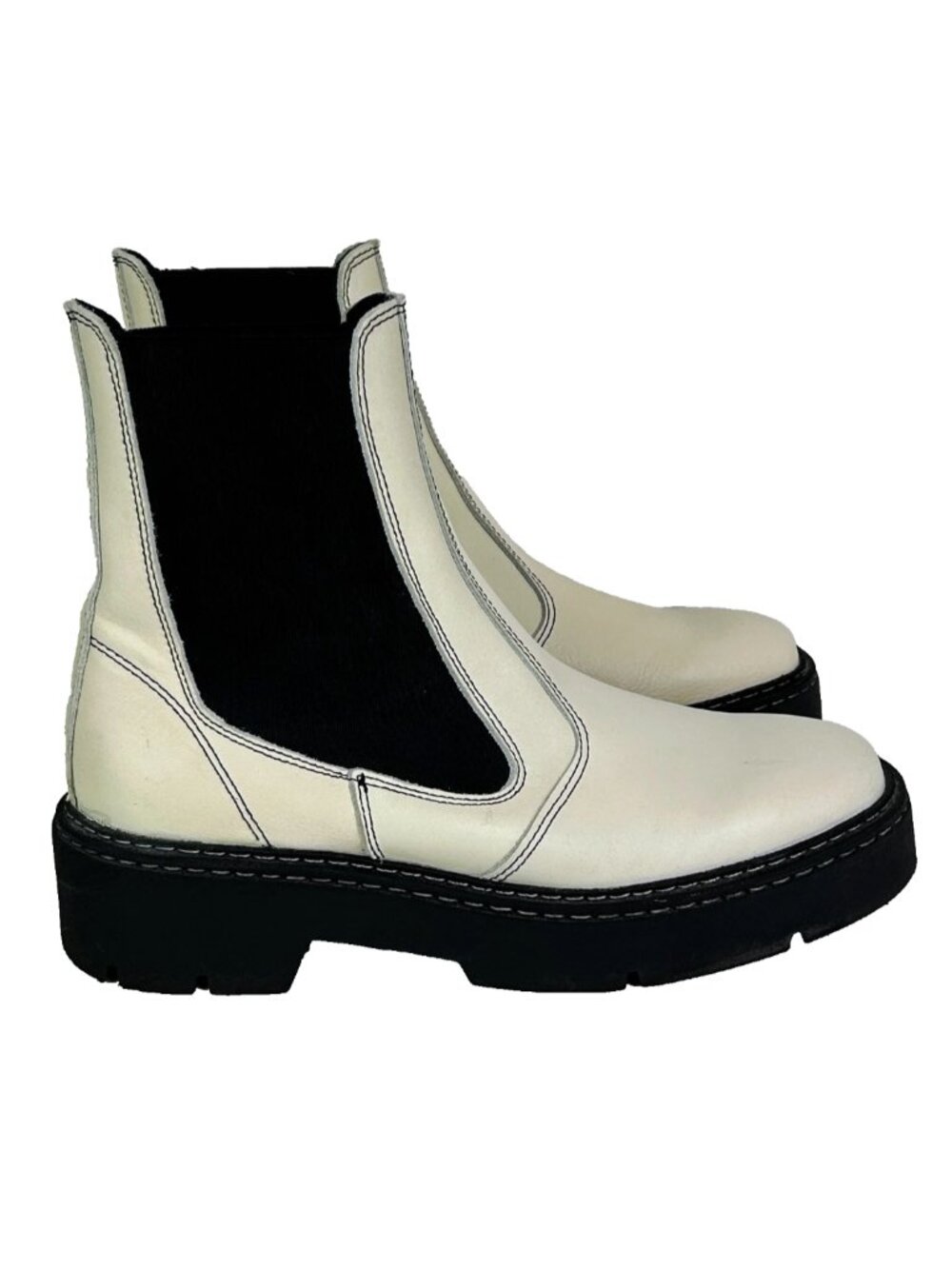 Anthropologie Cream & Black High Shaft Chelsea Boots Lug Sole Stompy Leather 39